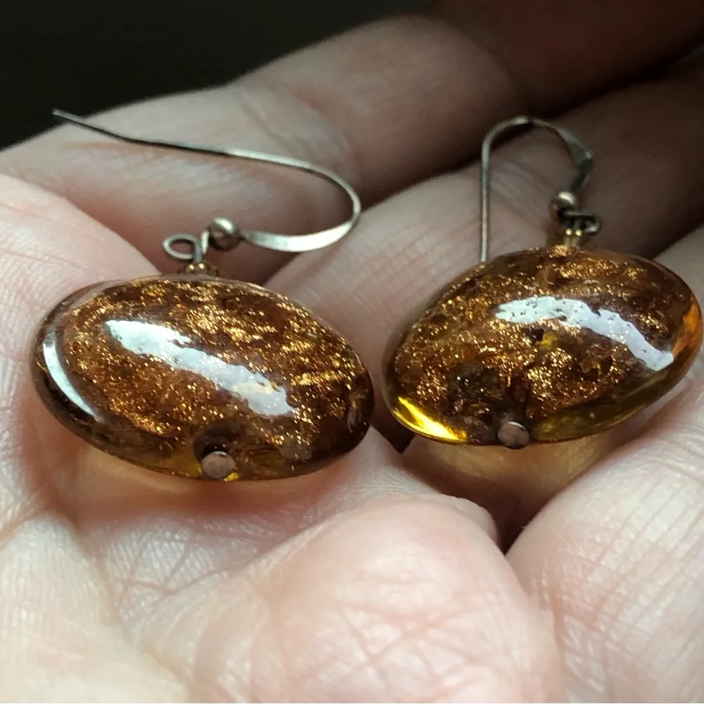 Vtg stamped 925 sterling silver & art glass copper mica dangle earrings Murano